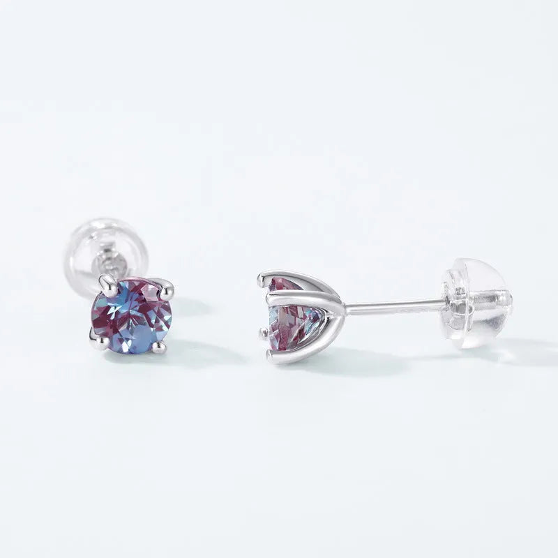 Simple style 925 silver ear studs with geometric round cultivate Alexandrite stones