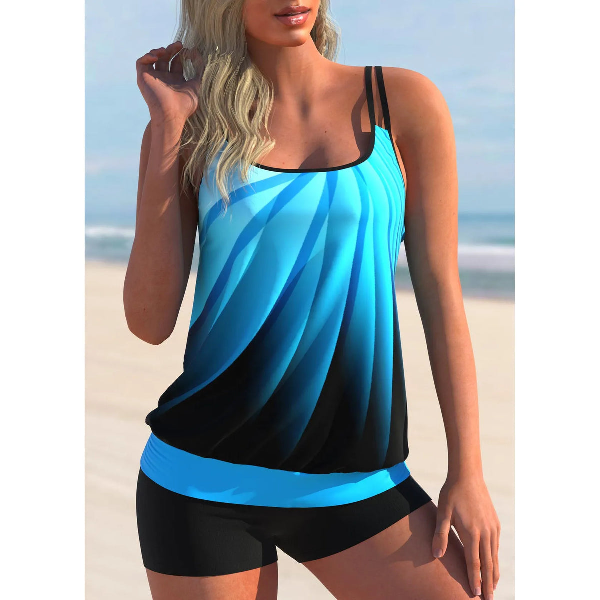 Women's plus size printed swimsuit set with strappy bikini top and matching beach shorts in butterfly pattern