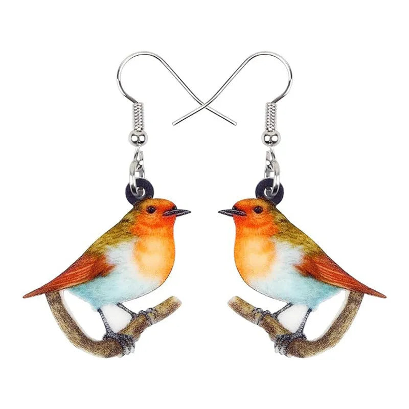Blue titmouse design printed on acrylic geometric animal pendant earrings.