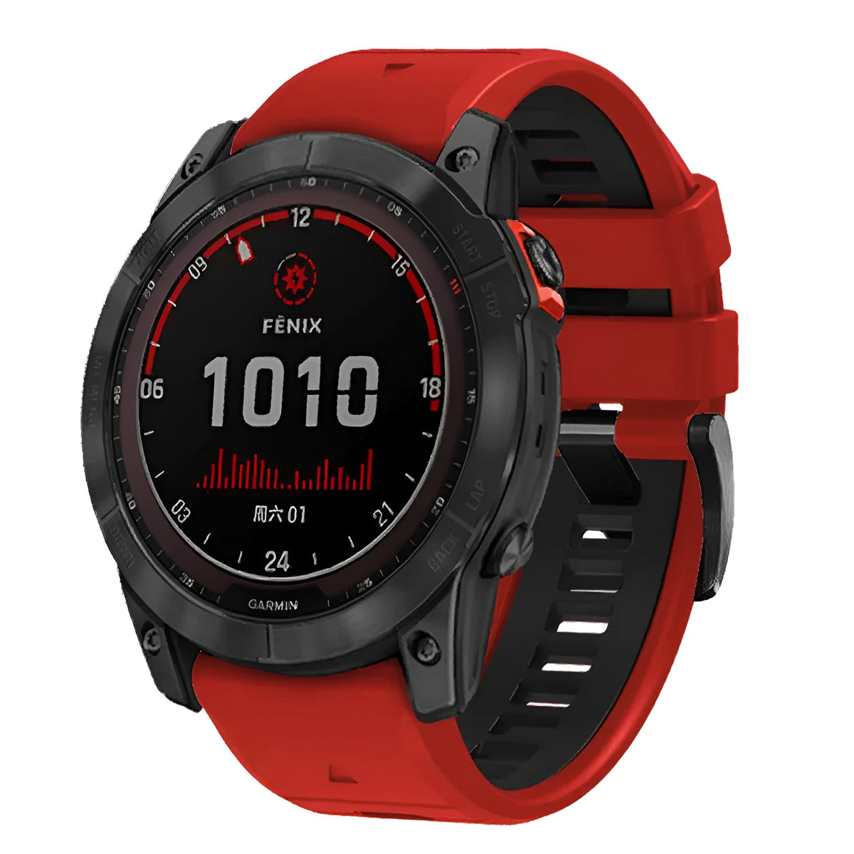 Two-tone quick release silicone watch strap for Garmin Fenix smartwatches in 22mm and 26mm sizes.