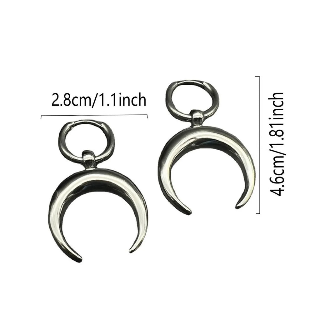 Silver geometric hoop earrings with moon motifs and ear clip fastening