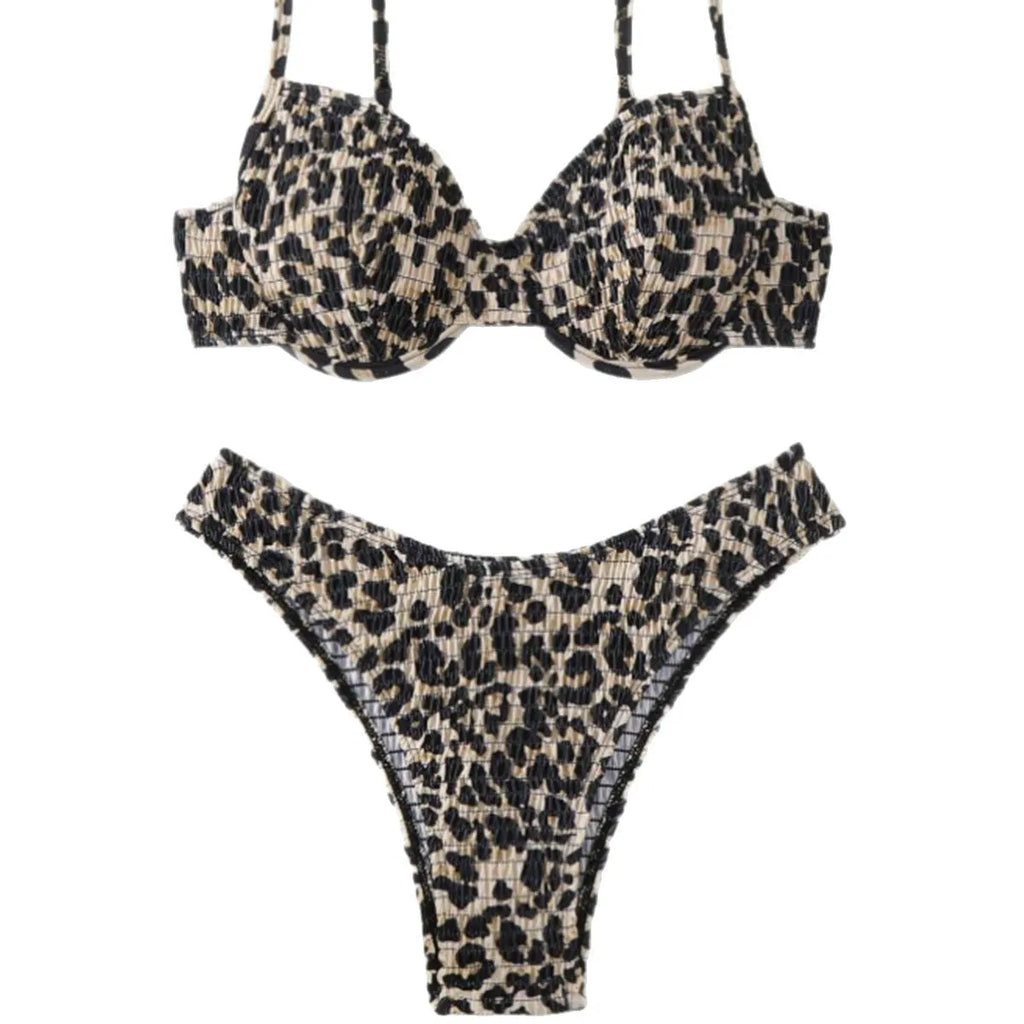 Women's leopard print backless bikini swimsuit in brown mixed colour, showing briefs style and sleeveless design.