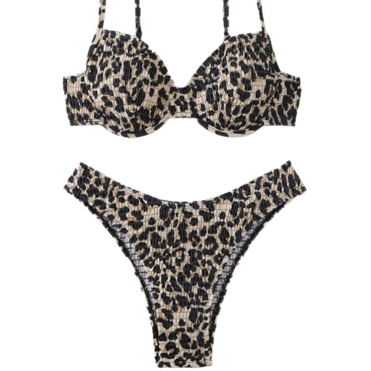 Women's leopard print backless bikini swimsuit in brown mixed colour, showing briefs style and sleeveless design.