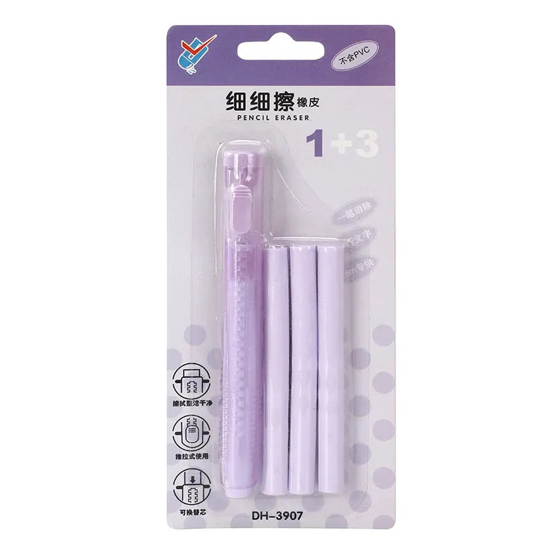 Push type traceless automatic eraser in blue, green, pink and purple colours measuring 12x8 cm