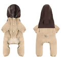 British style khaki polyester waterproof dog jacket on a small breed dog.