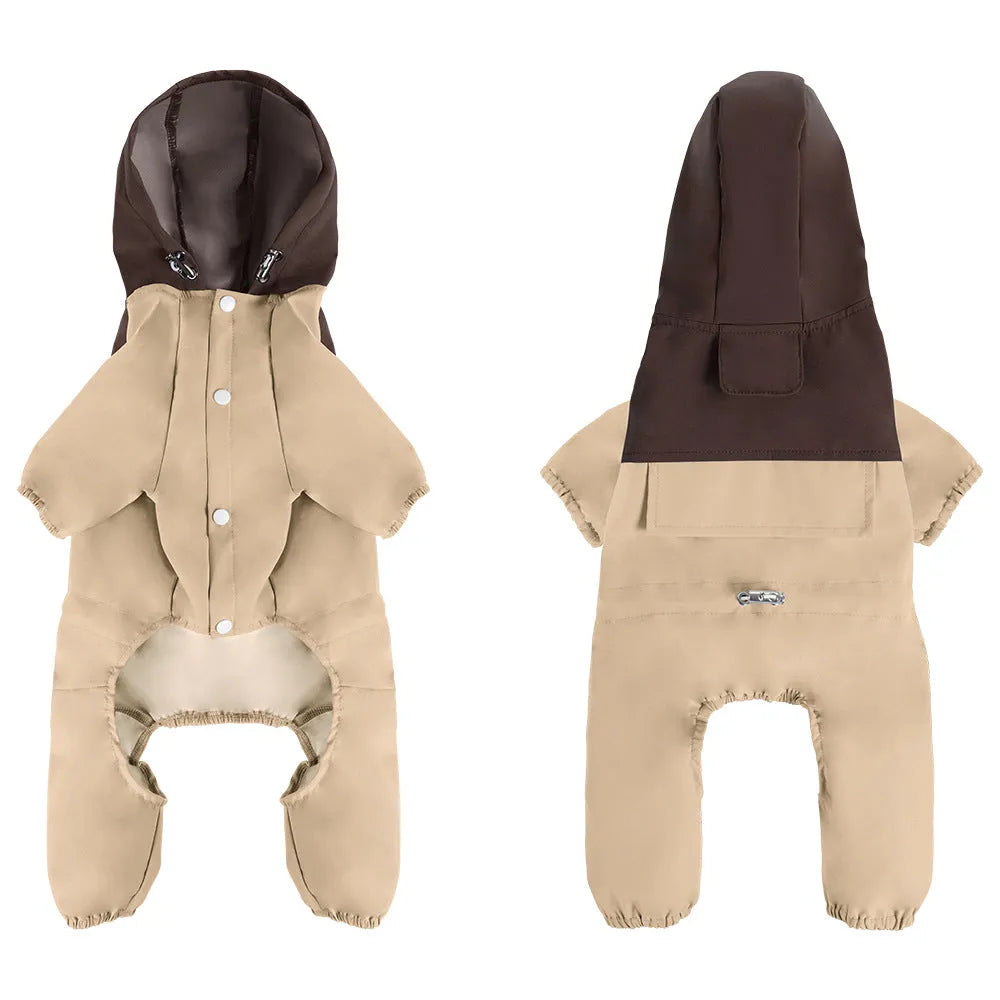 British style khaki polyester waterproof dog jacket on a small breed dog.