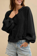 Women's solid colour loose fit long sleeve sweater with a half-open collar and lace stitching detail.
