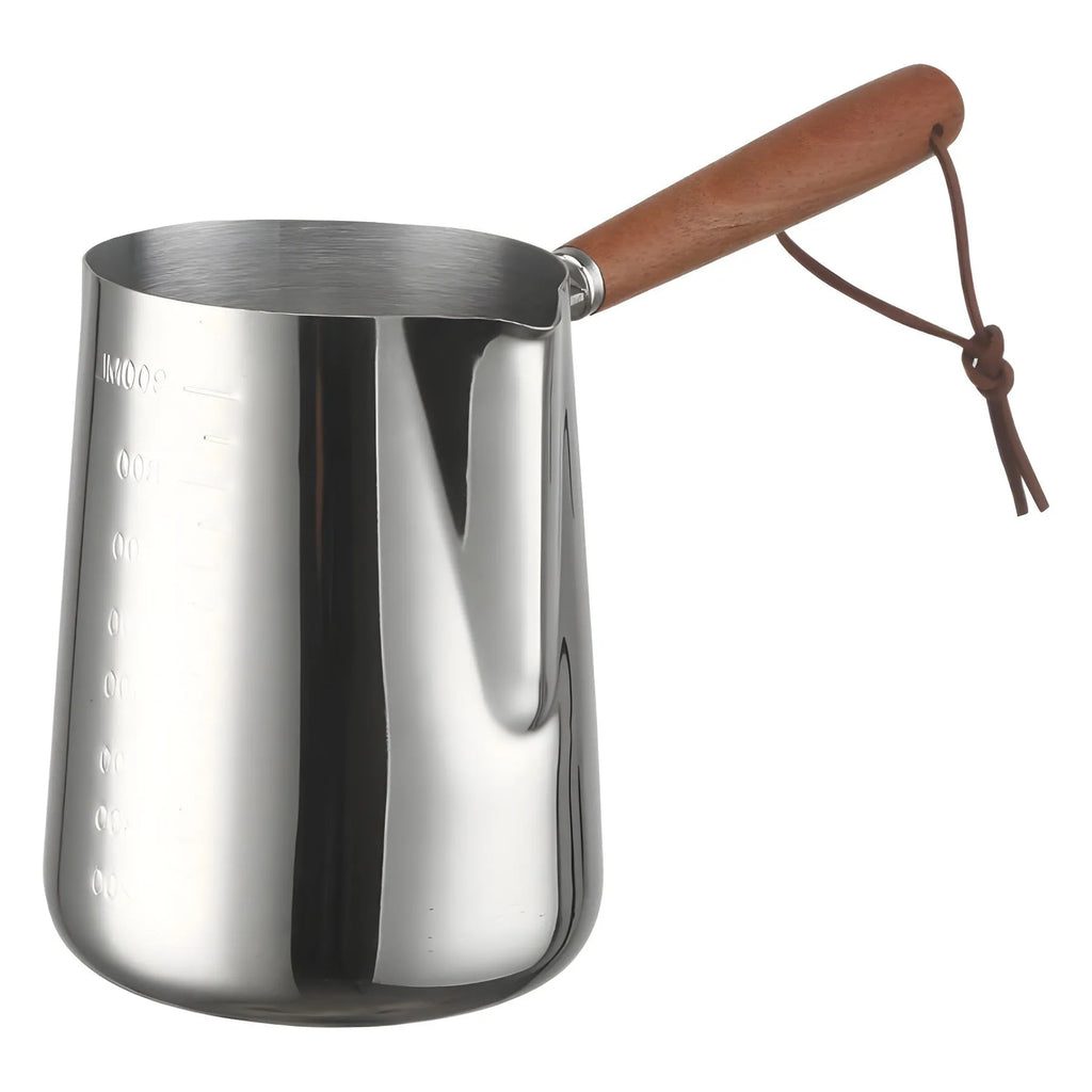 Stainless steel coffee cup with wooden handle and internal measuring scale.
