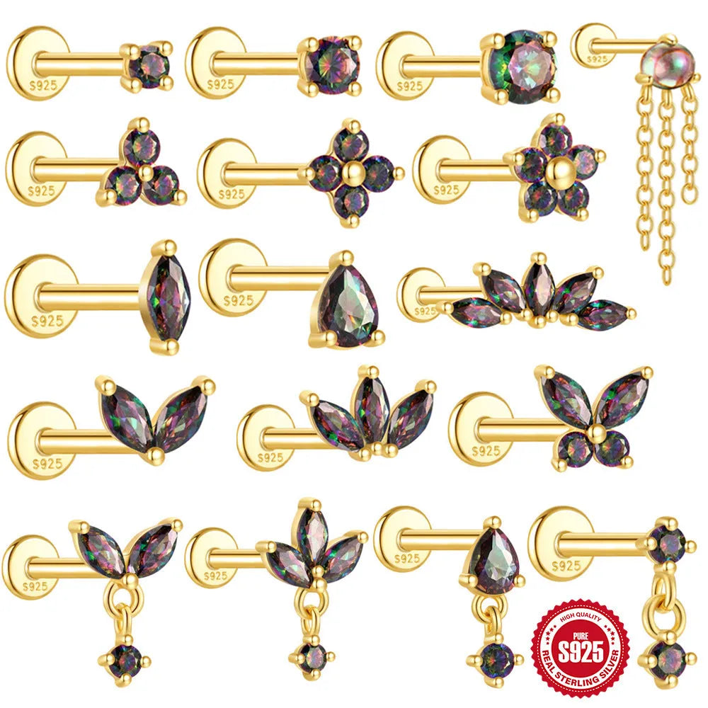 S925 sterling silver thread piercing earrings with rainbow stone in gold colour variations