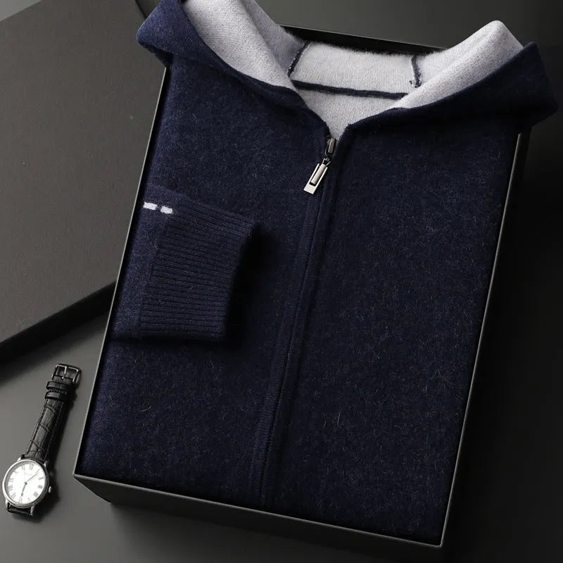 Men's dark blue cashmere cardigan with half-high collar and zip front closure in loose fit