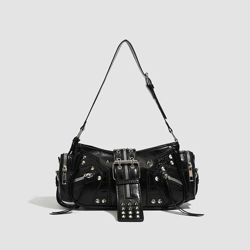 Black retro dumpling-shaped oil wax leather handbag with shoulder strap and multiple compartments