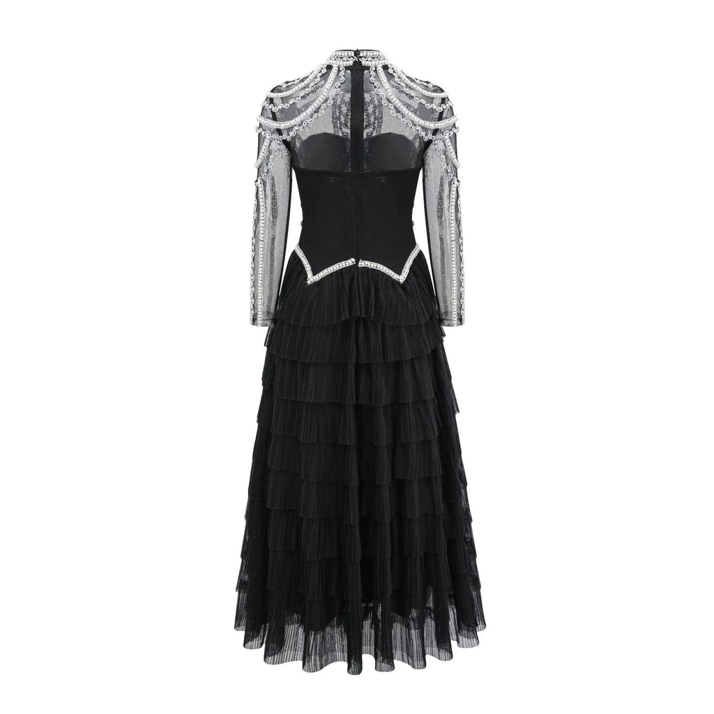 Women's black or pink evening dress with beaded decoration long sleeves floor length skirt