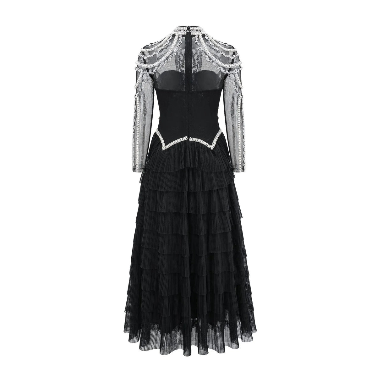 Women's black or pink evening dress with beaded decoration long sleeves floor length skirt