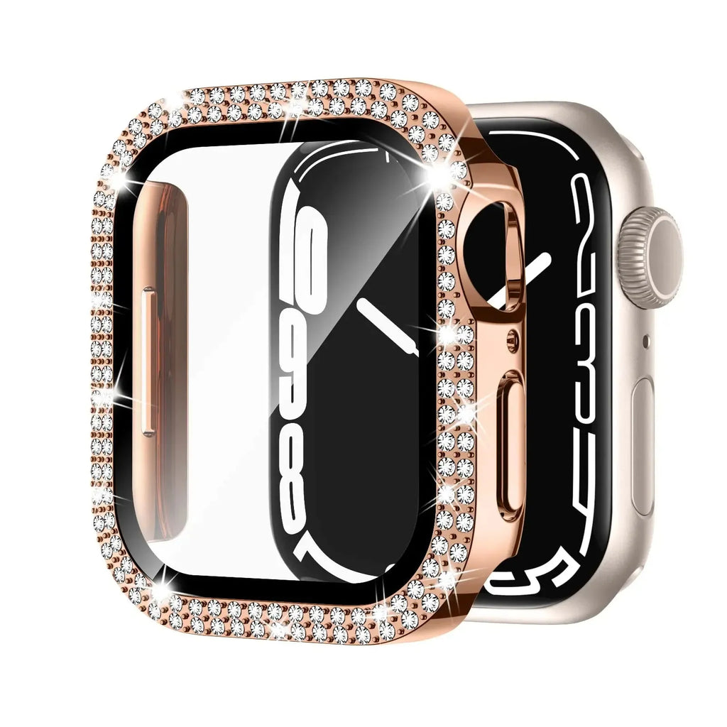 Peep-proof double diamond glass case for Apple watch shown in rose pink, gold, silver, and black colour options.