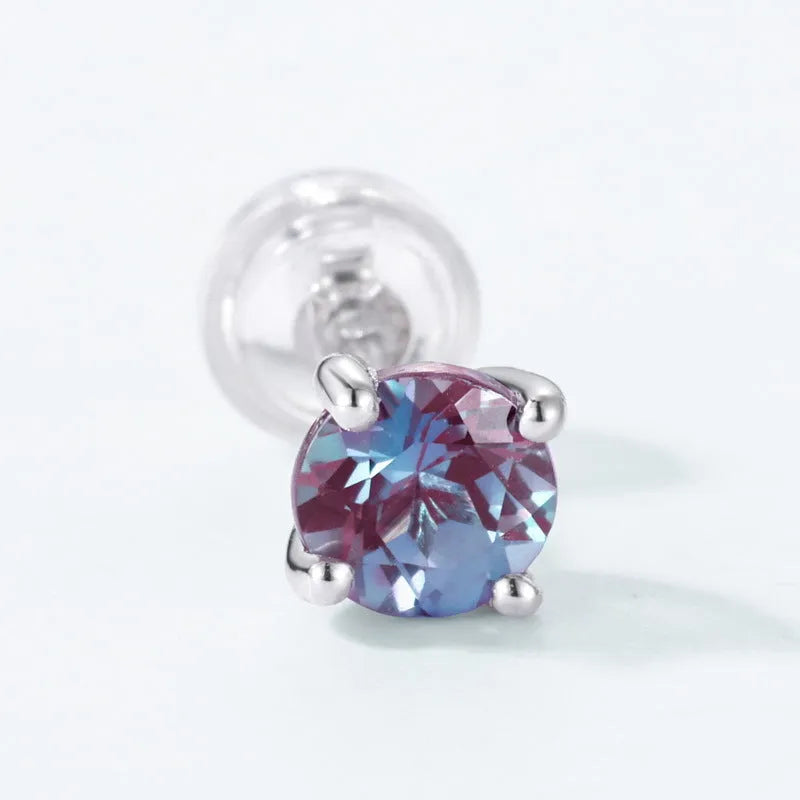Simple style 925 silver ear studs with geometric round cultivate Alexandrite stones