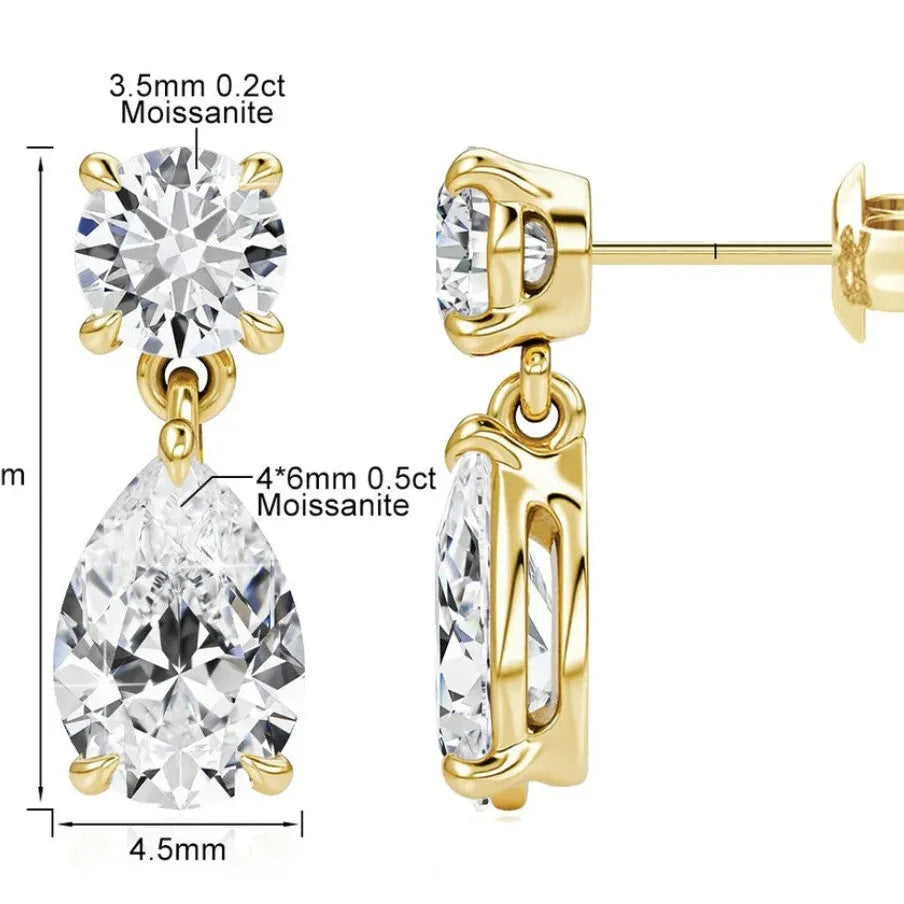 925 sterling silver moissanite stud earrings with round and water drop geometric shapes in gold finish