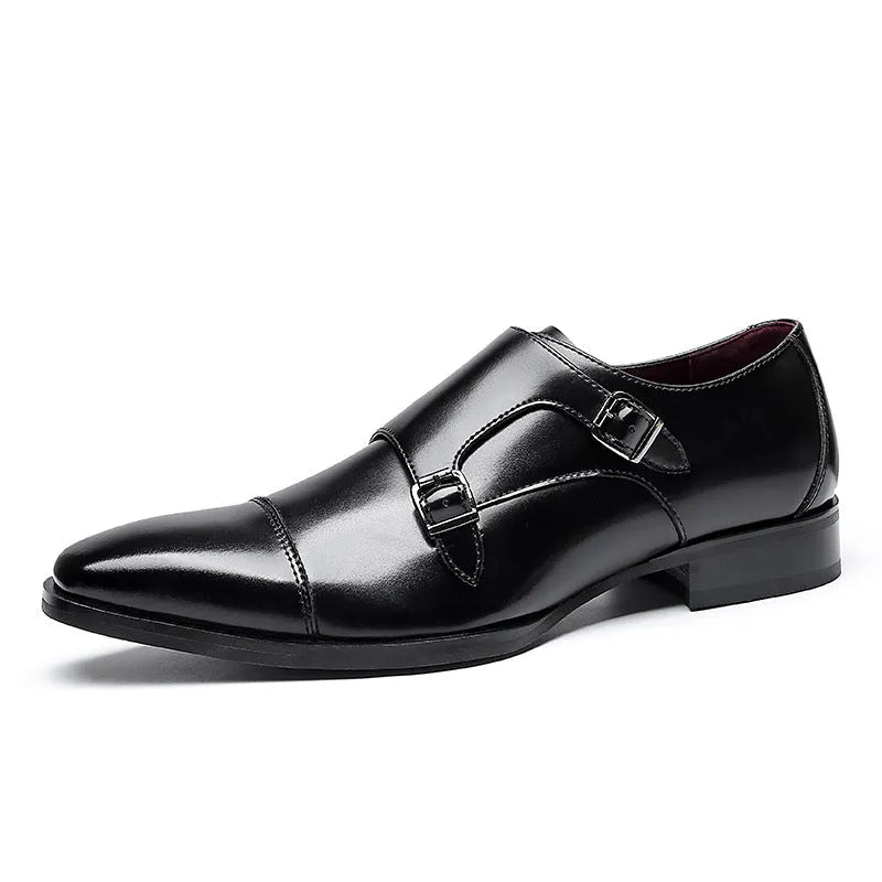 Men's black leather square-toe business shoes with metal sewn detailing and rubber sole