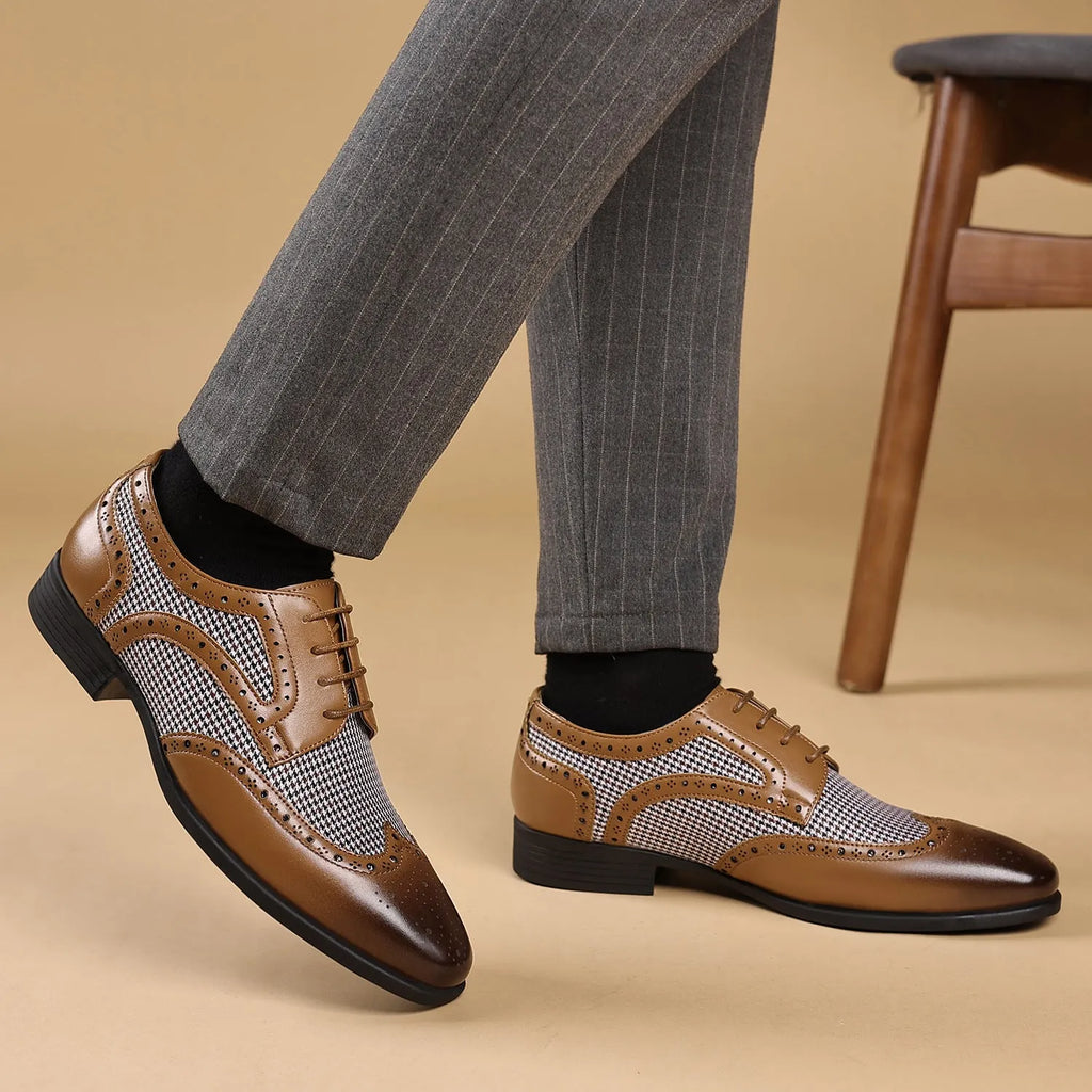 Men's houndstooth plaid casual shoes with canvas upper, rubber sole, and square toe in multiple colours.