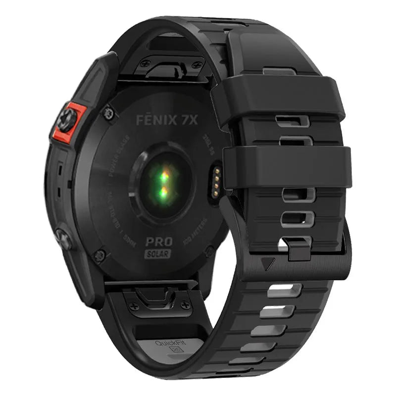 Two-tone quick release silicone watch strap for Garmin Fenix smartwatches in 22mm and 26mm sizes.