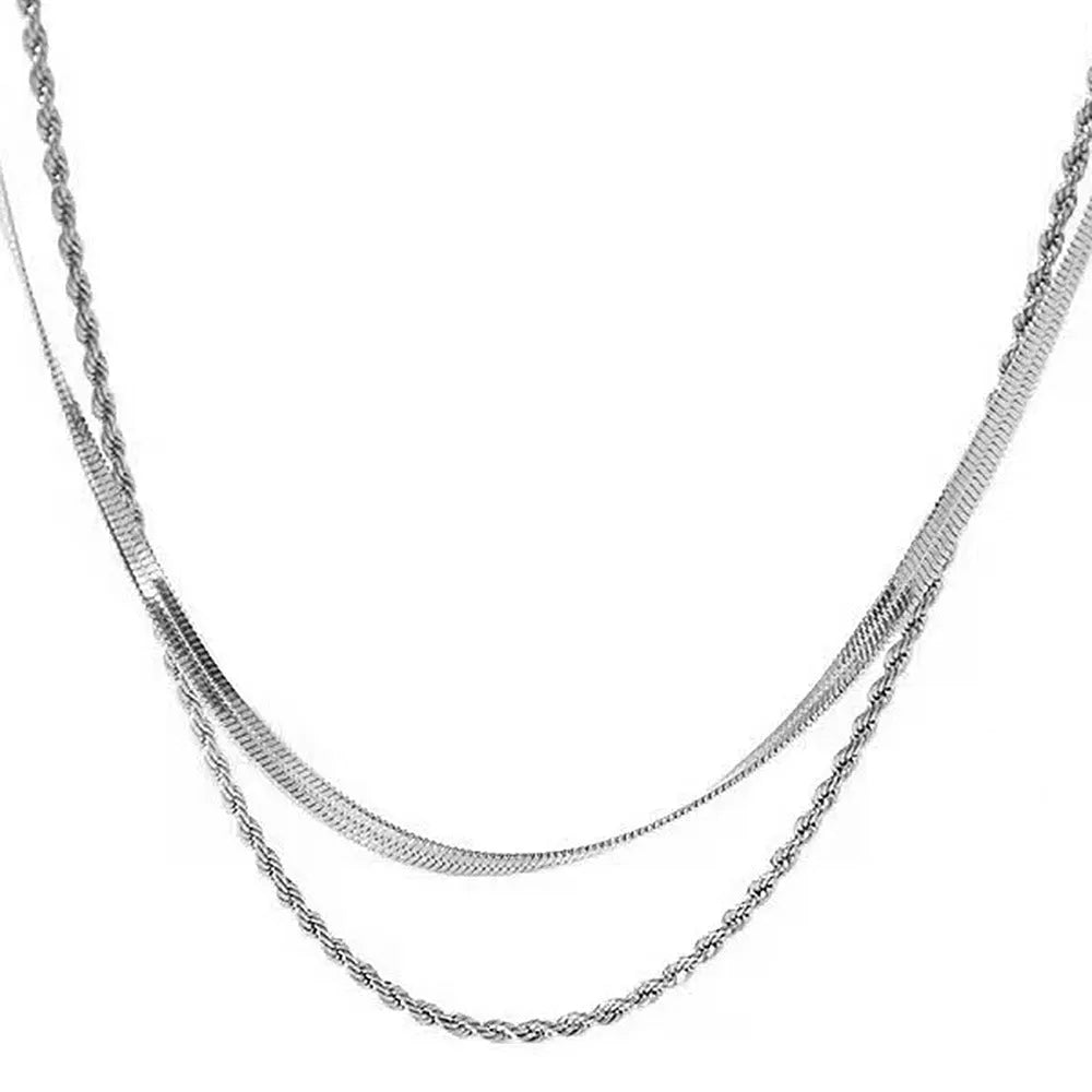 Women's adjustable double-layer twist necklace with geometric titanium steel pendant on snake bones chain