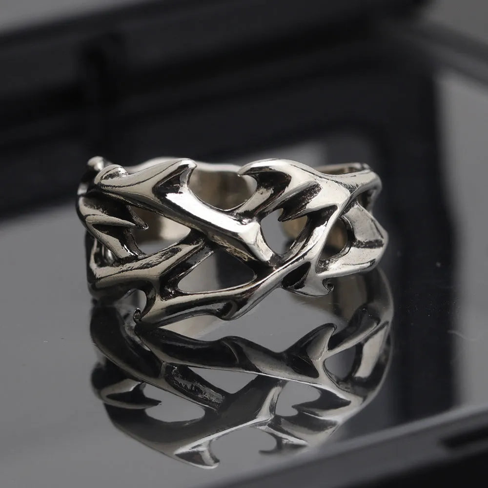 Copper men's thorn flower ring with geometric floral patterns and adjustable opening