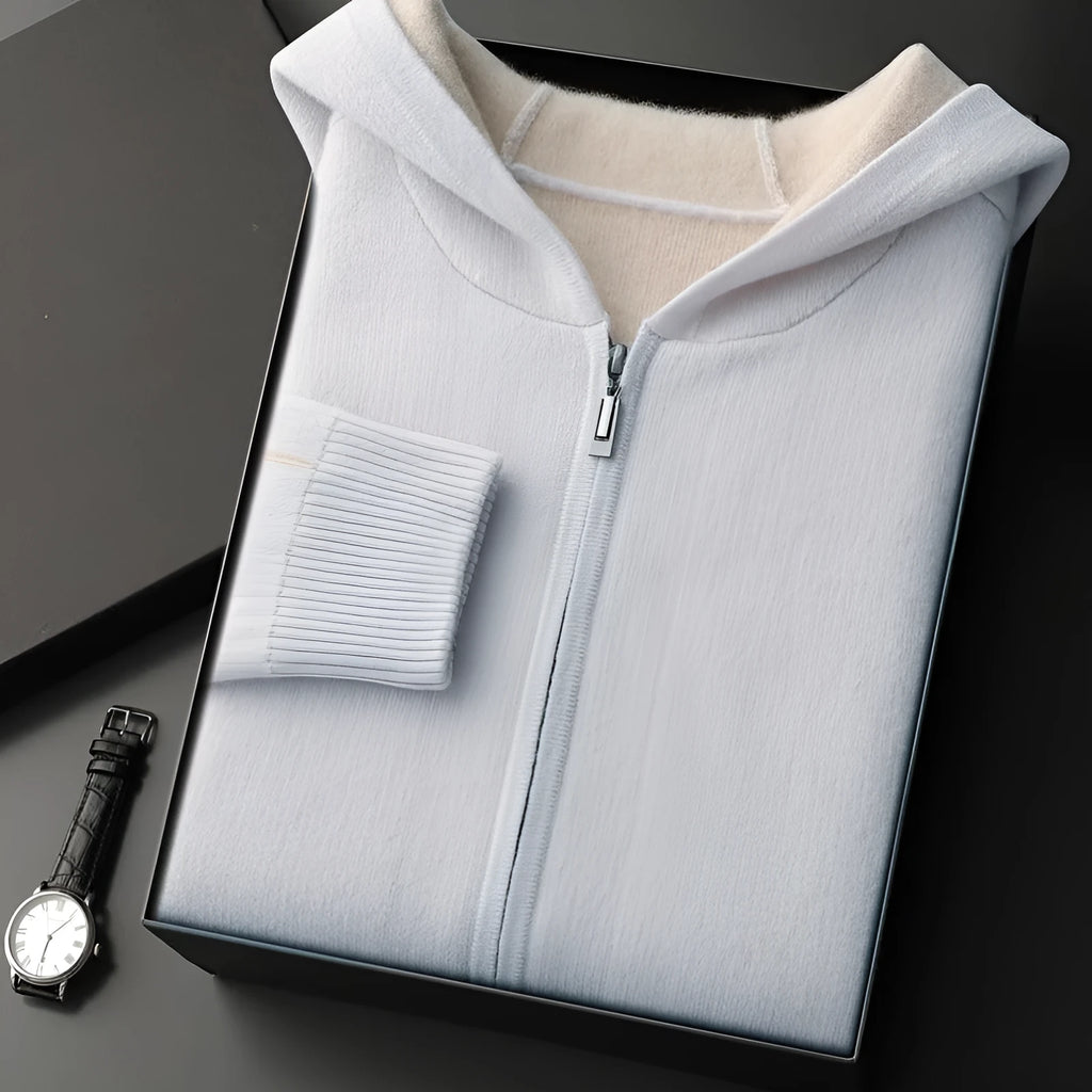 Men's dark blue cashmere cardigan with half-high collar and zip front closure in loose fit
