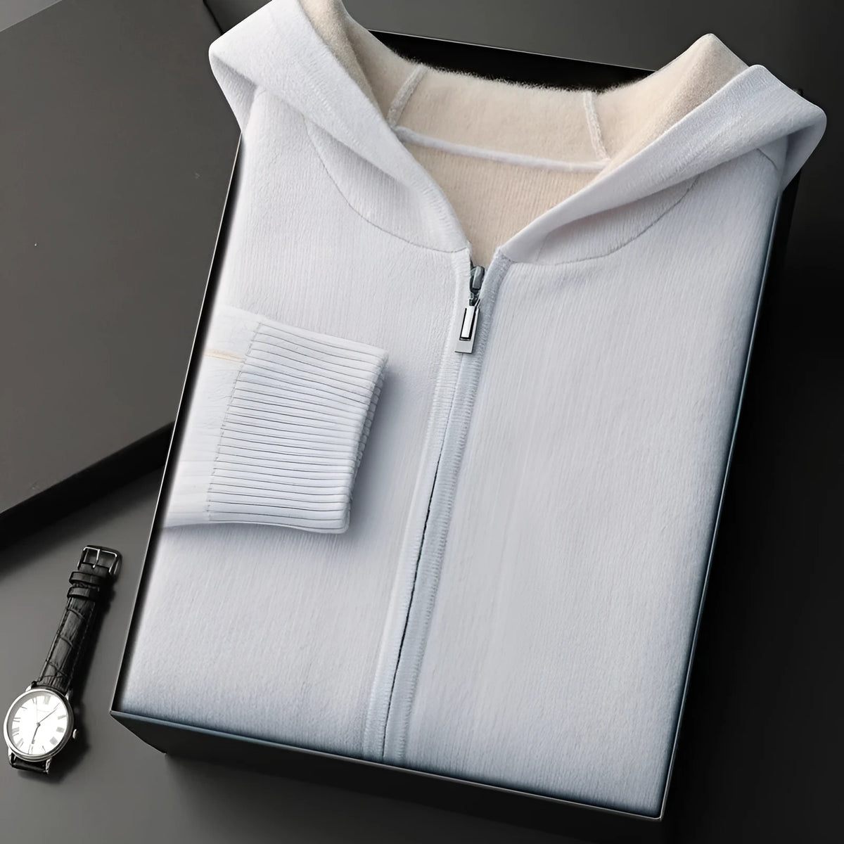 Men's dark blue cashmere cardigan with half-high collar and zip front closure in loose fit