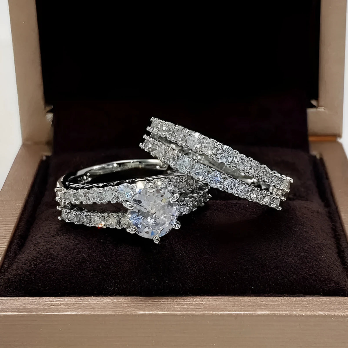 2 in 1 fashion female ring set in alloy with diamond treatment showing silver gold rose gold colours