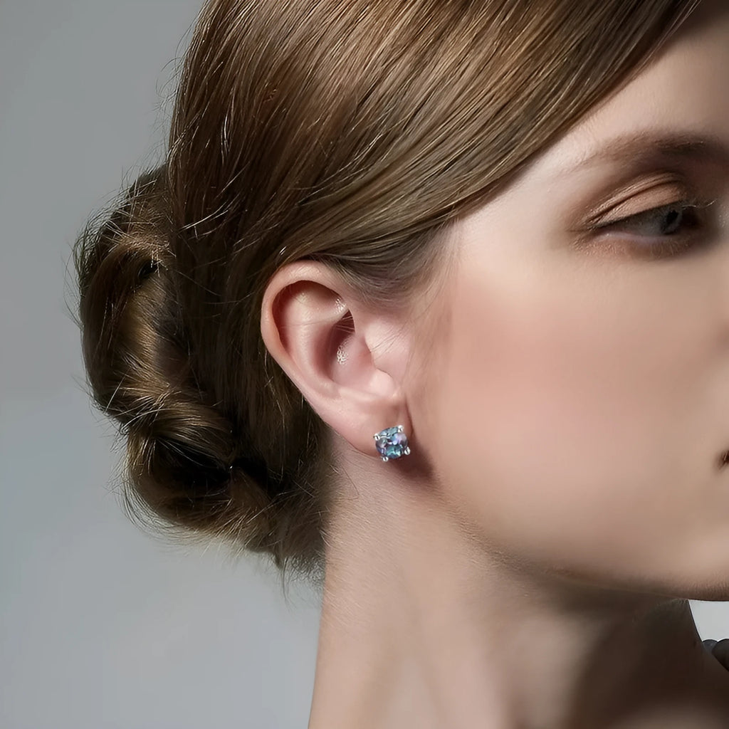 Simple style 925 silver ear studs with geometric round cultivate Alexandrite stones