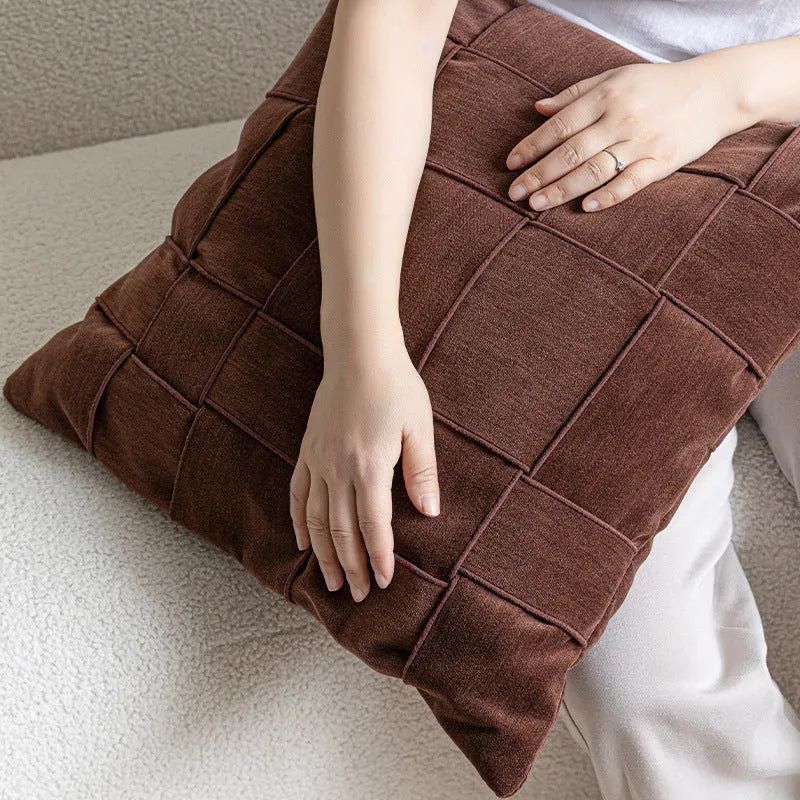 Square chenille woven cushion in beige, black, orange, reddish brown, retro green, rice coffee, or taupe, 50x50cm.