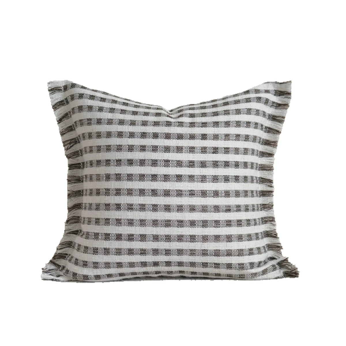 Coffee brown striped mid-century decorative cushion pillow on a grey sofa