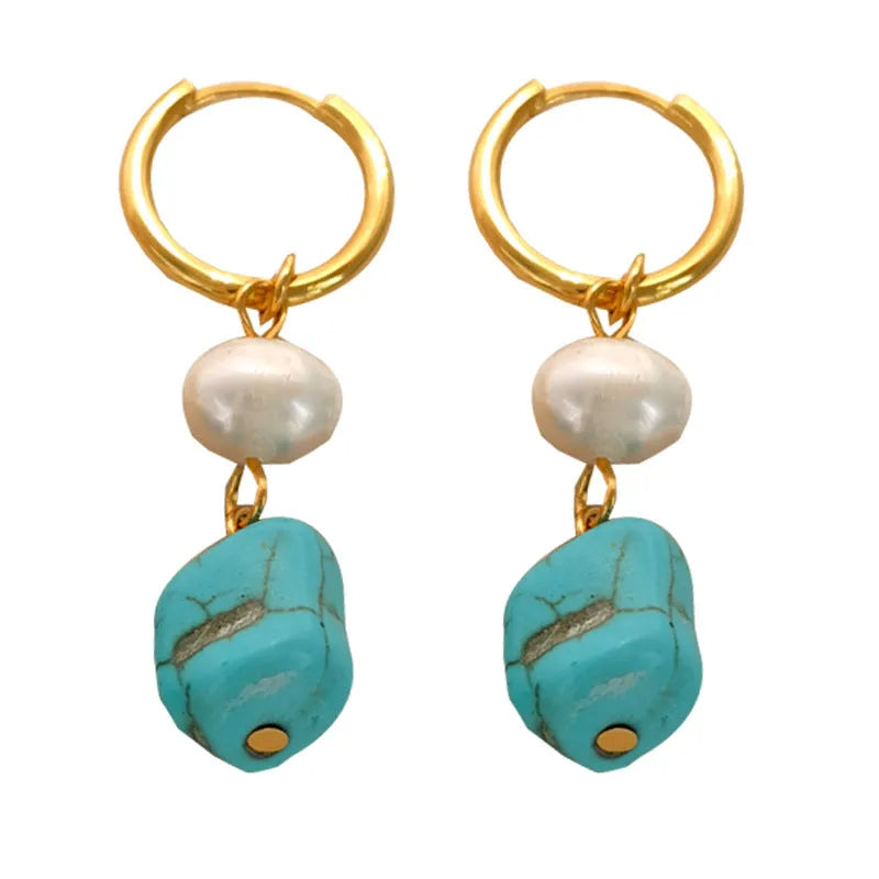 Geometric copper clip-on earrings with irregular turquoise cultured pearl in European style