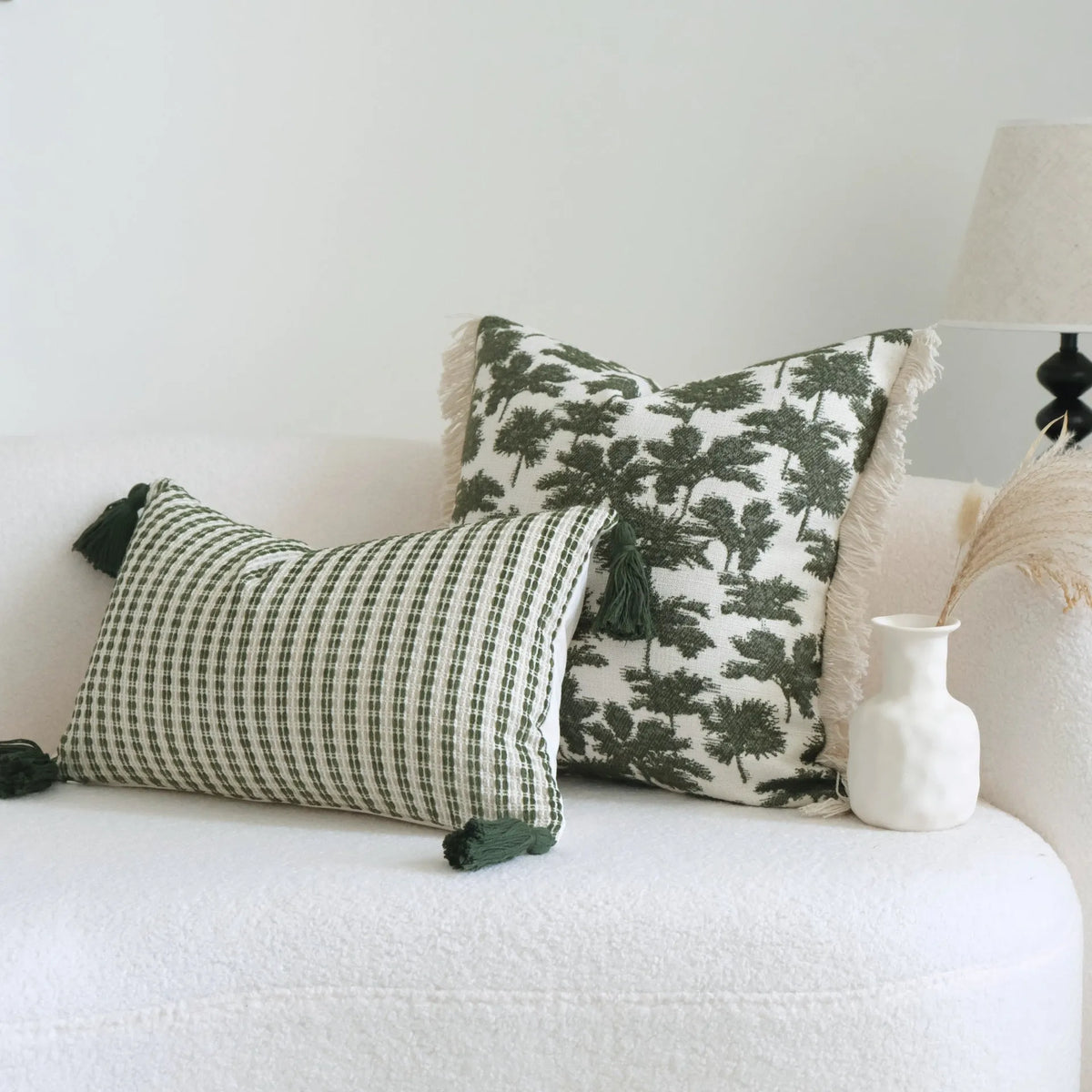Silent Wind green cotton linen hotel pillow with striped botanical pattern and tassel trim in multiple size options