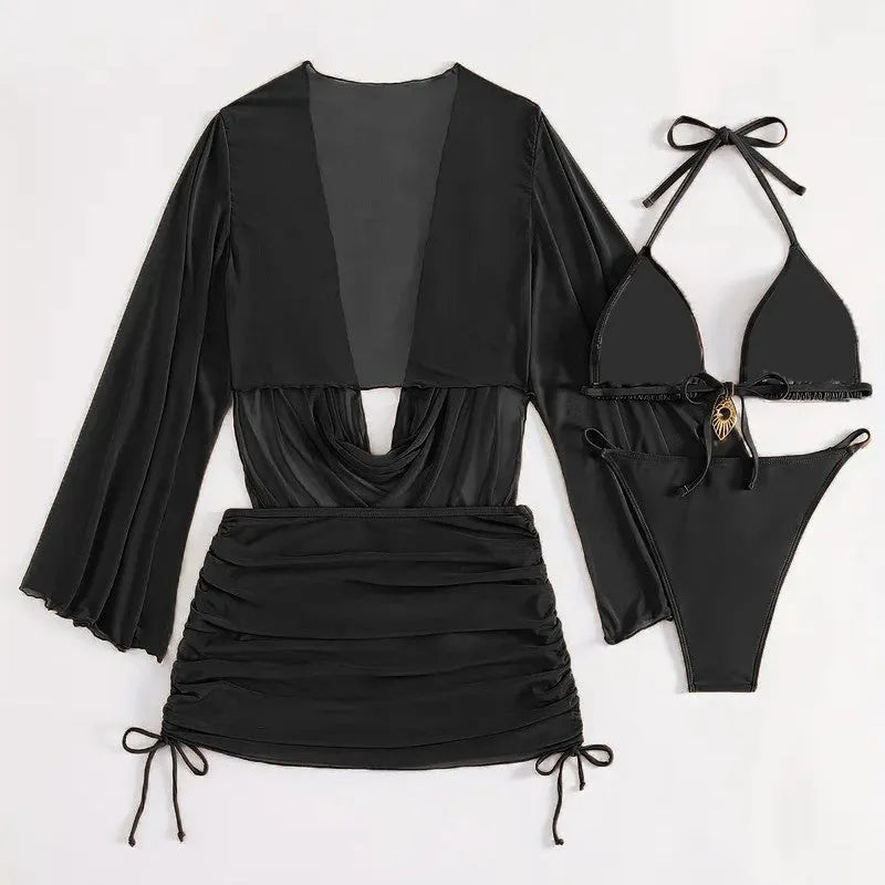 Women's lace-up backless bikini swimsuit in dark brown or black nylon with spandex lining