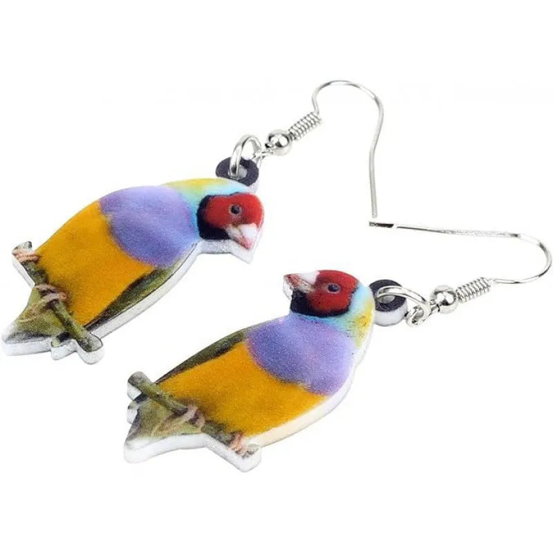 Blue titmouse design printed on acrylic geometric animal pendant earrings.