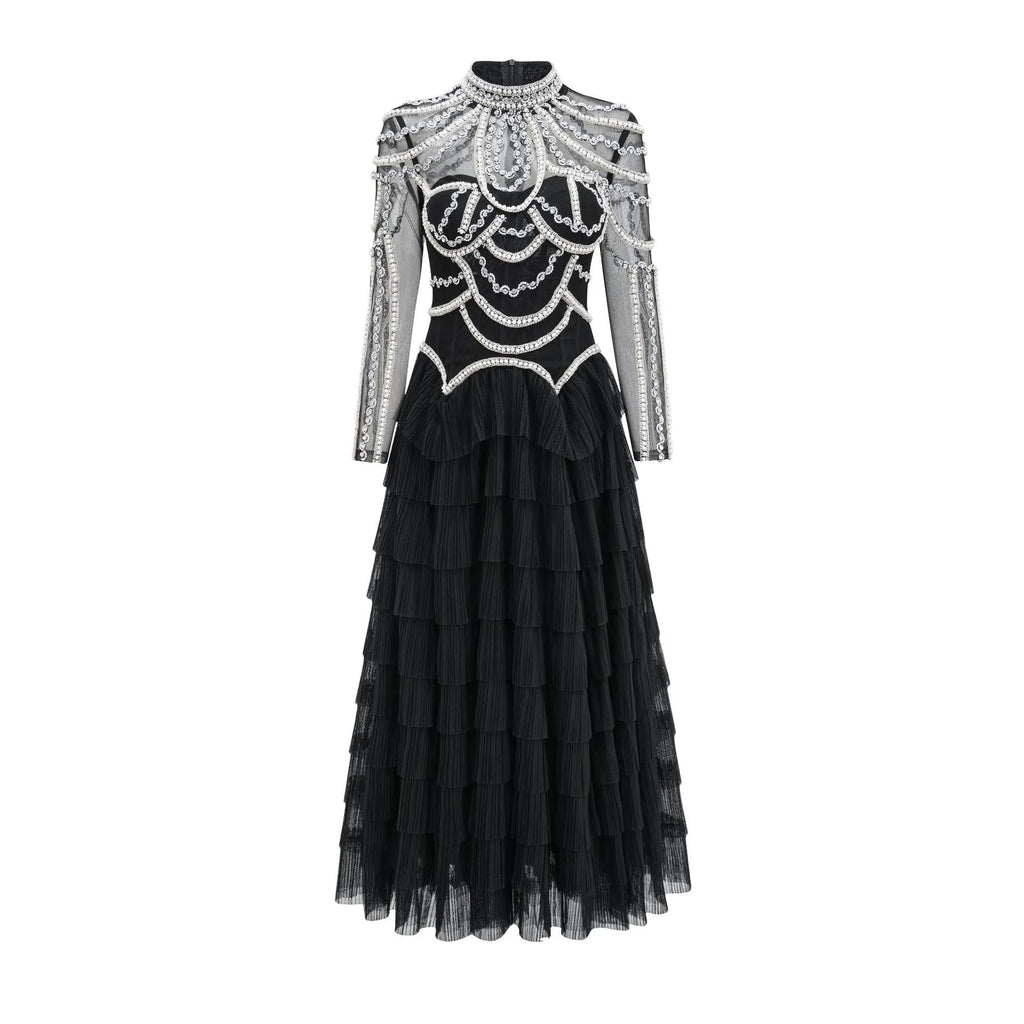 Women's black or pink evening dress with beaded decoration long sleeves floor length skirt