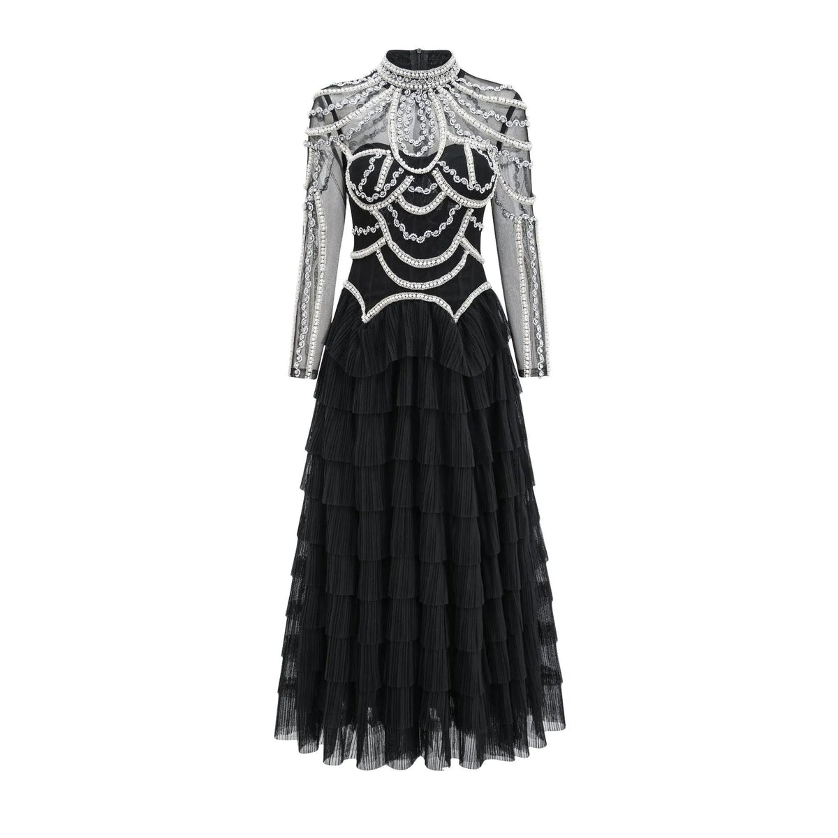 Women's black or pink evening dress with beaded decoration long sleeves floor length skirt