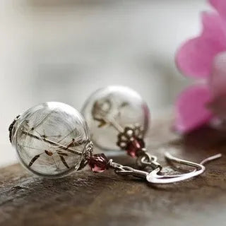 Transparent 16mm glass ball earrings with dandelion seed design on French hooks