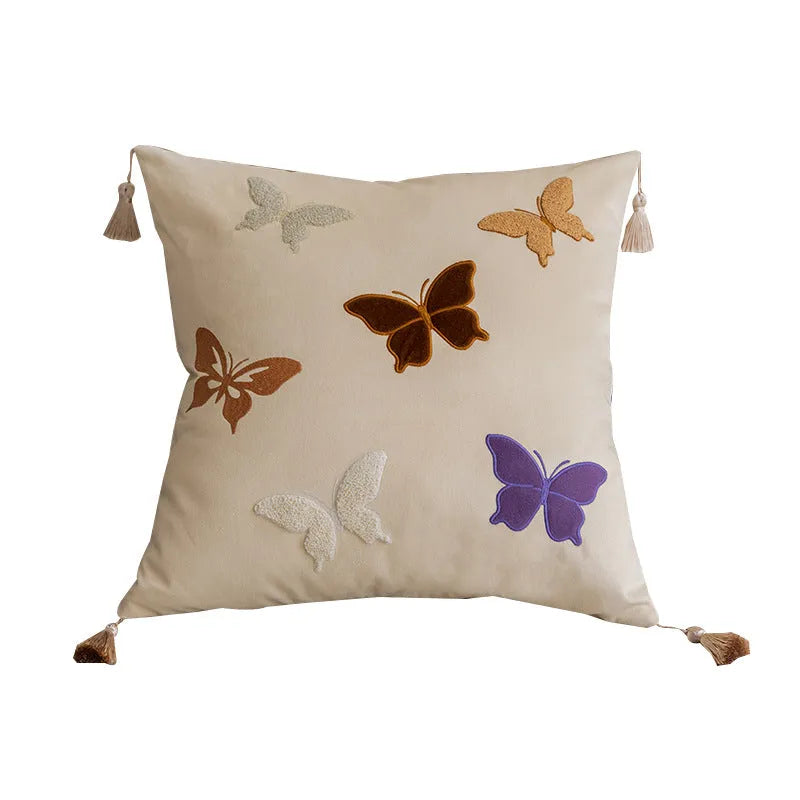 Square 45x45cm cushion with Chinese-style butterfly embroidery in beige, black, and purple colours.