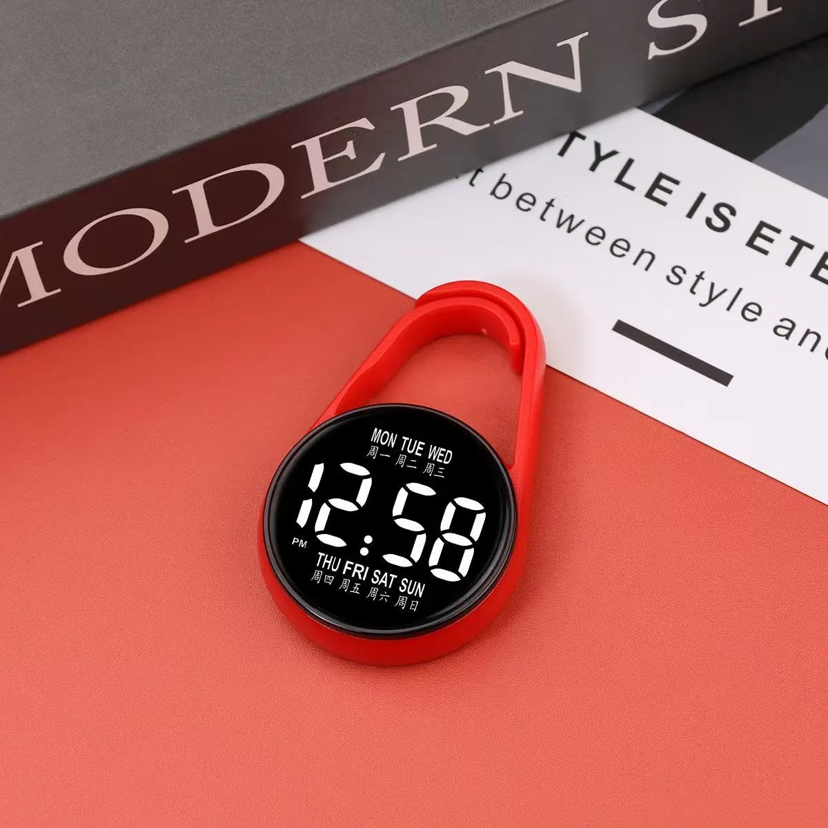 Simple LED luminous electronic watch with a plastic strap and digital display in one of ten available colours.