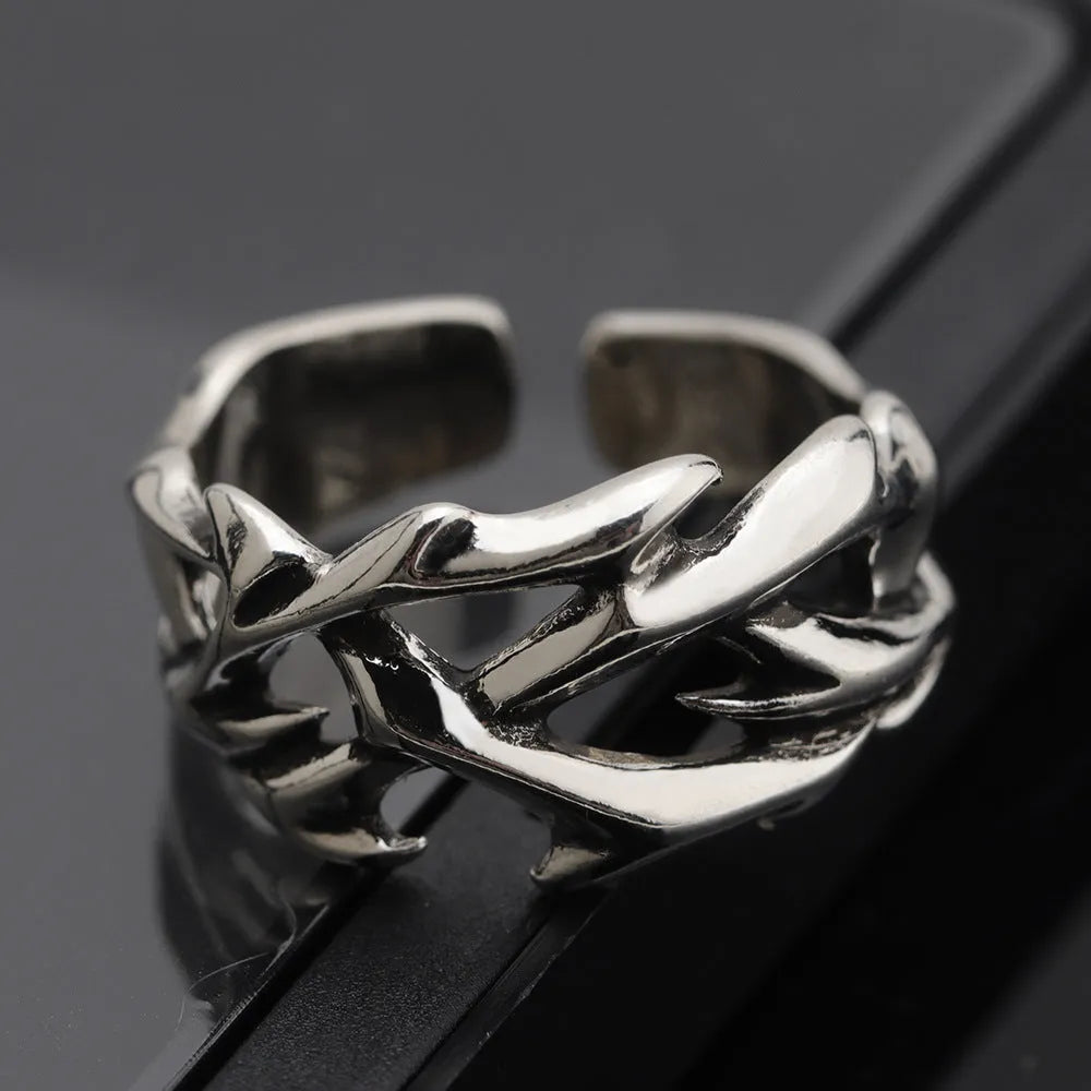 Copper men's thorn flower ring with geometric floral patterns and adjustable opening
