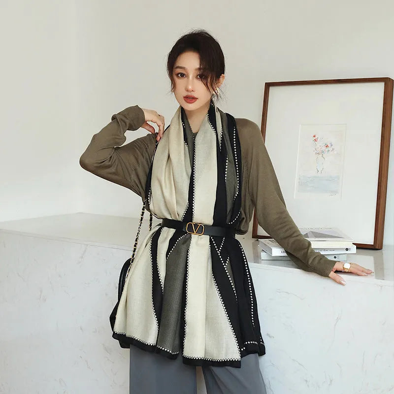 A woman wearing a printed polyester scarf, showing one of three style options, with dimensions of 180cm by 90cm.