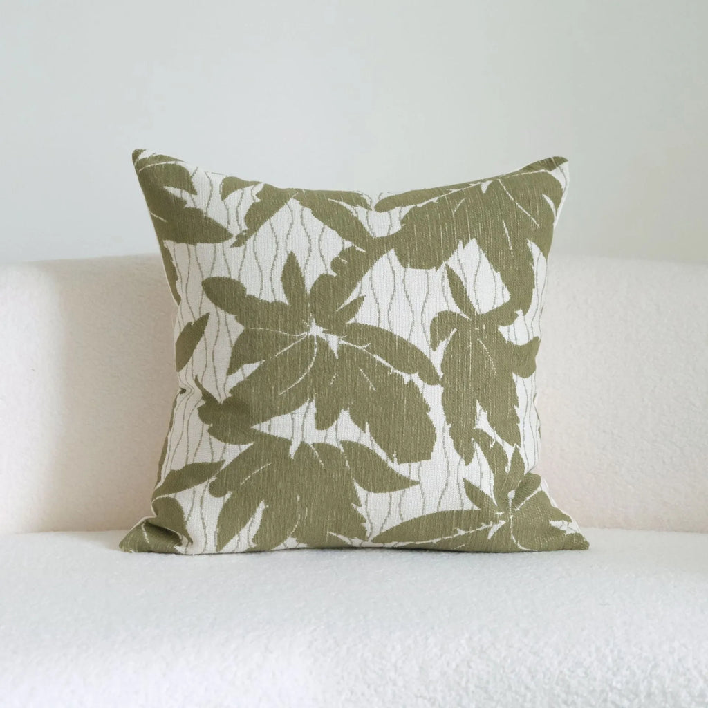 Silent Wind green cotton linen hotel pillow with striped botanical pattern and tassel trim in multiple size options