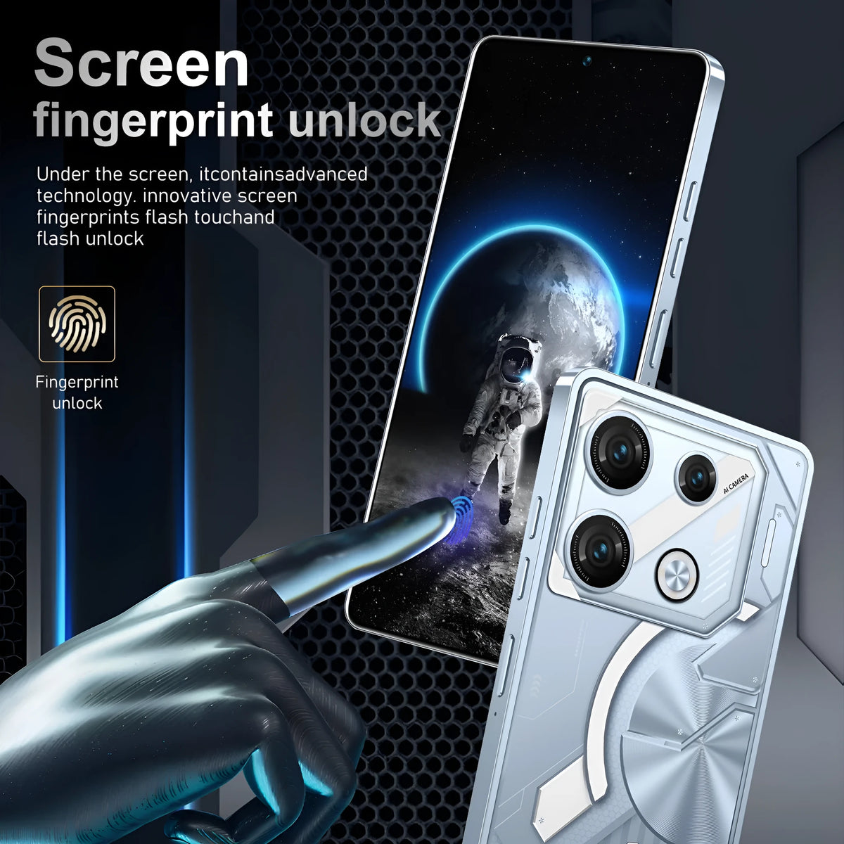 GT10 Pro Android smartphone in Blue or Silver colour with straight plate design showing front display