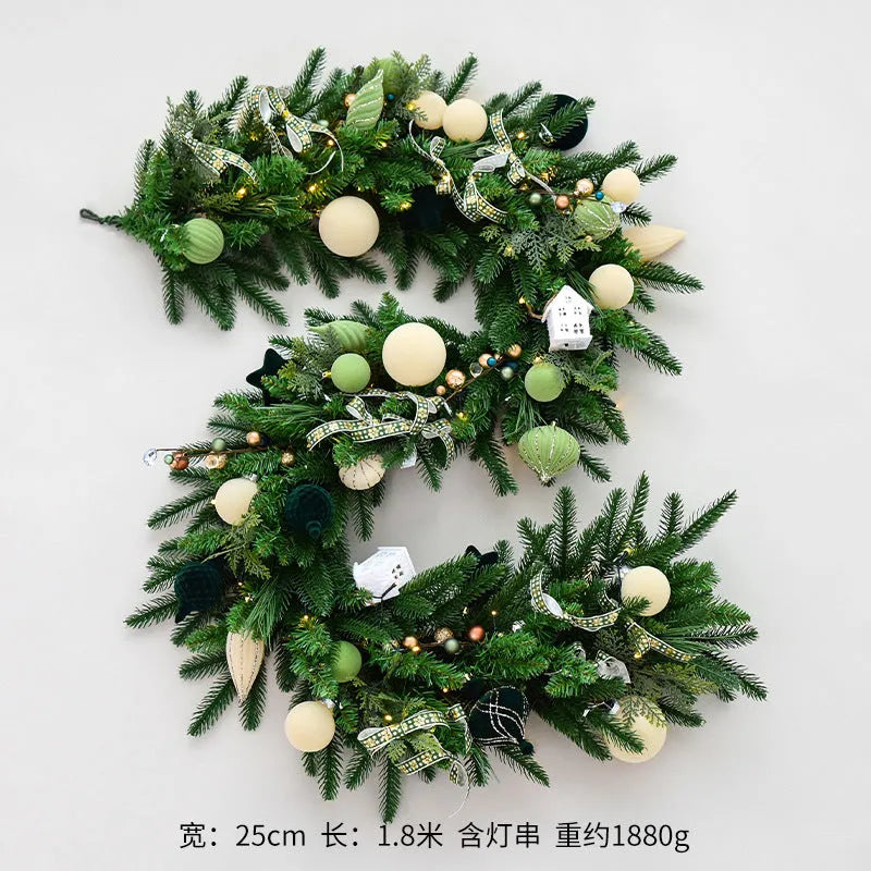 1.8m PE leaf Christmas garland in green and white with lights, European style, single vine piece