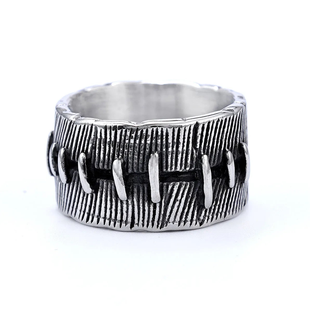 Geometric titanium steel double ring with stitched detail in dark retro colour