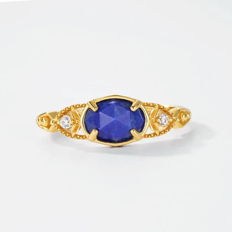 Silver geometric ellipse ring with blue lapis lazuli stone in Japanese style