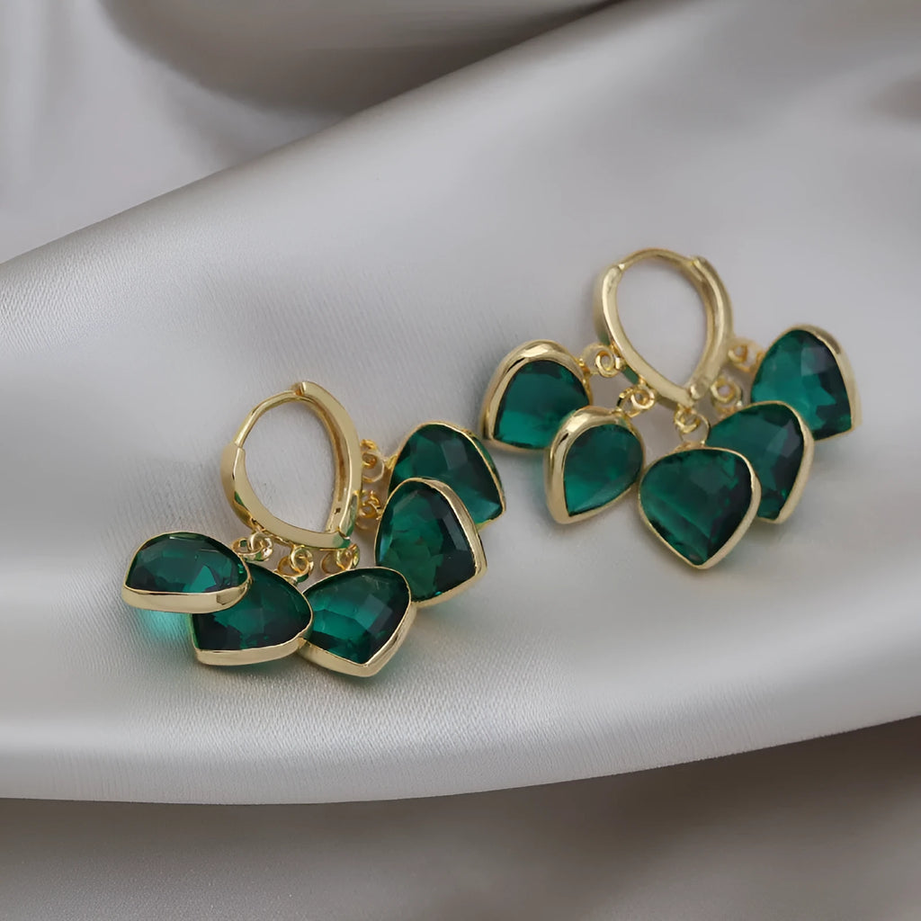 Korean style green heart-shaped glass pendant ear clip earrings for women