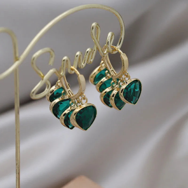 Korean style green heart-shaped glass pendant ear clip earrings for women
