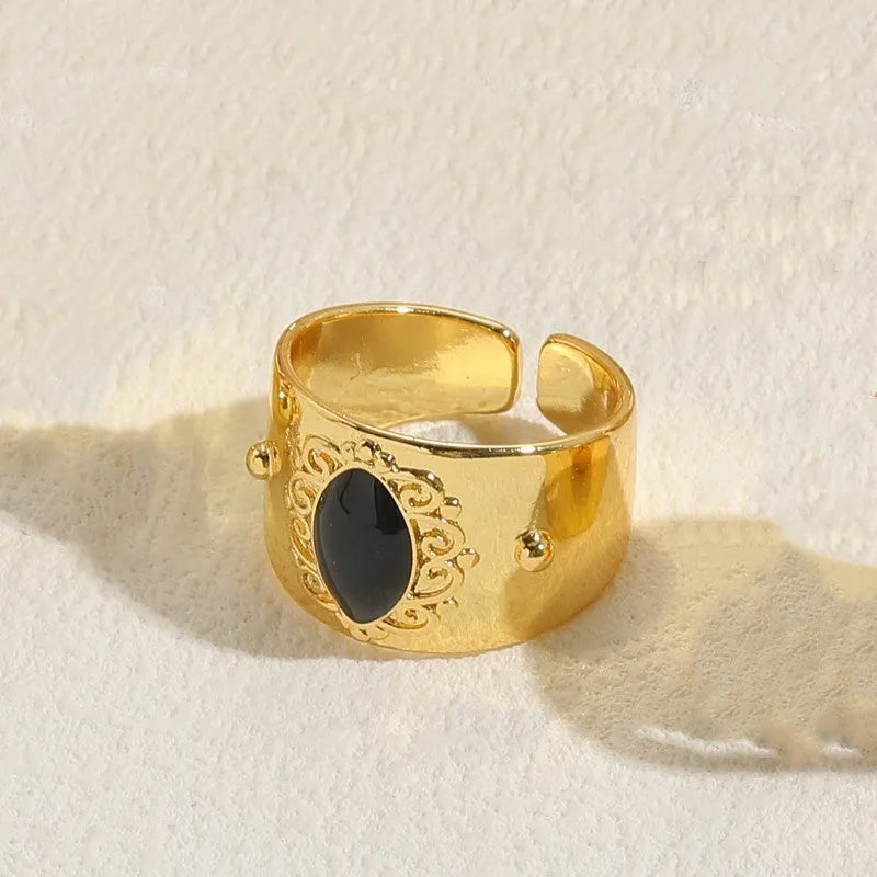 Geometric Chinese style vintage ring with electroplated black finish and zircon accents on copper base